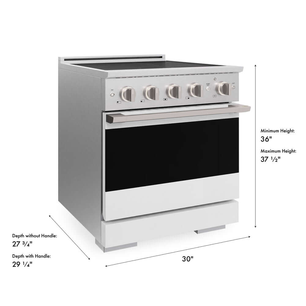 ZLINE 30 in. 4.2 cu. ft. Marino Induction Range with 4 Element Cooktop and Electric Convection Oven in Satin Stainless Steel with White Matte Door (MINRS-WM-30) with dimensions labeled.