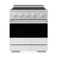 ZLINE 30 in. 4.2 cu. ft. Marino Induction Range with 4 Element Cooktop and Electric Convection Oven in Satin Stainless Steel with White Matte Door (MINRS-WM-30) front, oven closed.