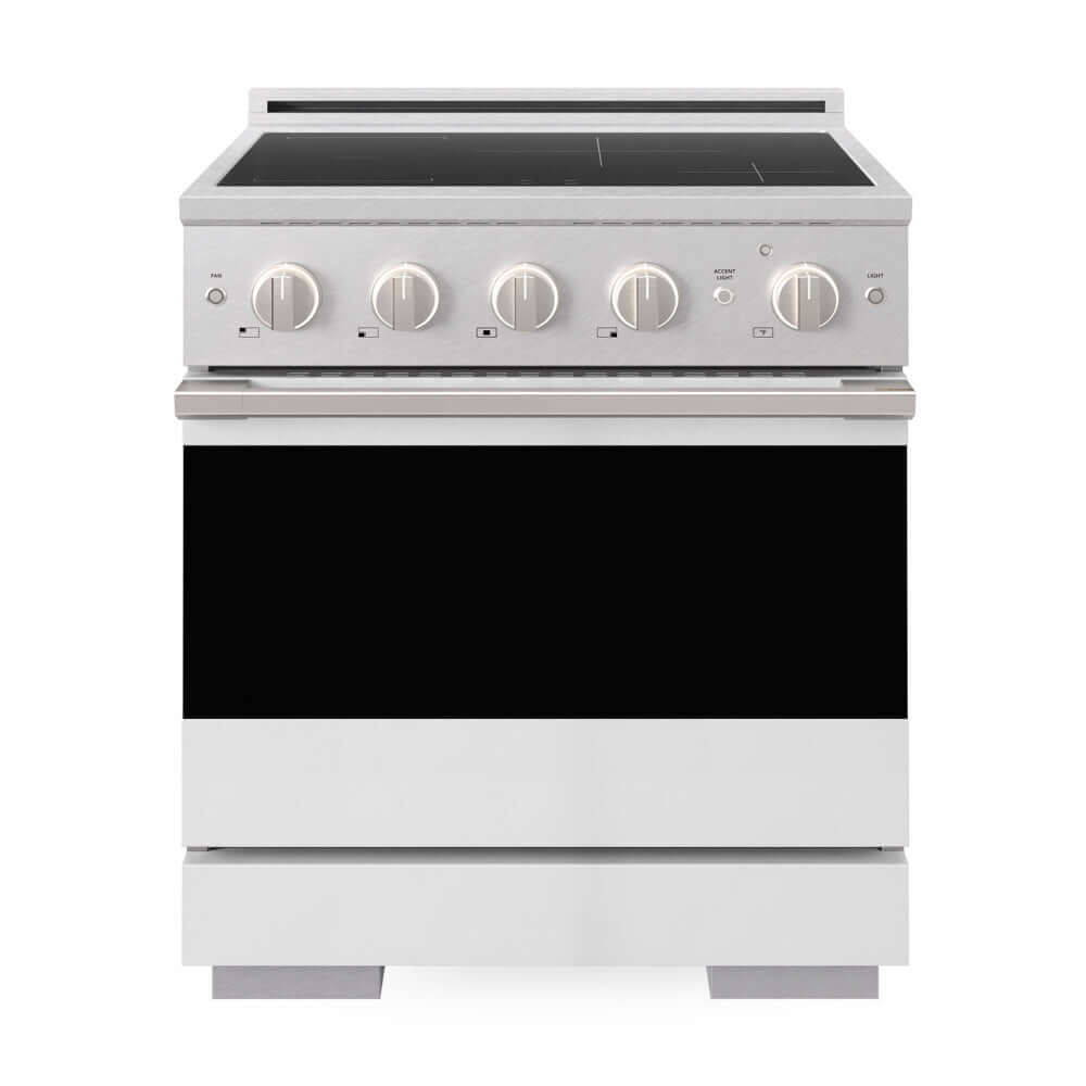 ZLINE 30 in. 4.2 cu. ft. Marino Induction Range with 4 Element Cooktop and Electric Convection Oven in Satin Stainless Steel with White Matte Door (MINRS-WM-30) front, oven closed.