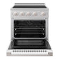 ZLINE 30 in. 4.2 cu. ft. Marino Induction Range with 4 Element Cooktop and Electric Convection Oven in Satin Stainless Steel with White Matte Door (MINRS-WM-30) front, oven open.