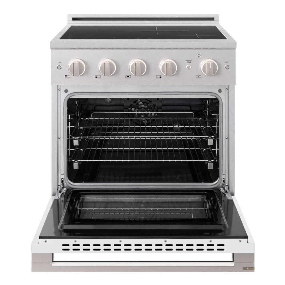 ZLINE 30 in. 4.2 cu. ft. Marino Induction Range with 4 Element Cooktop and Electric Convection Oven in Satin Stainless Steel with White Matte Door (MINRS-WM-30) front, oven open.