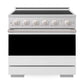 ZLINE 36 in. 5.2 cu. ft. Marino Induction Range with 5 Element Cooktop and Electric Convection Oven in Satin Stainless Steel with White Matte Door (MINRS-WM-36) front, oven closed.