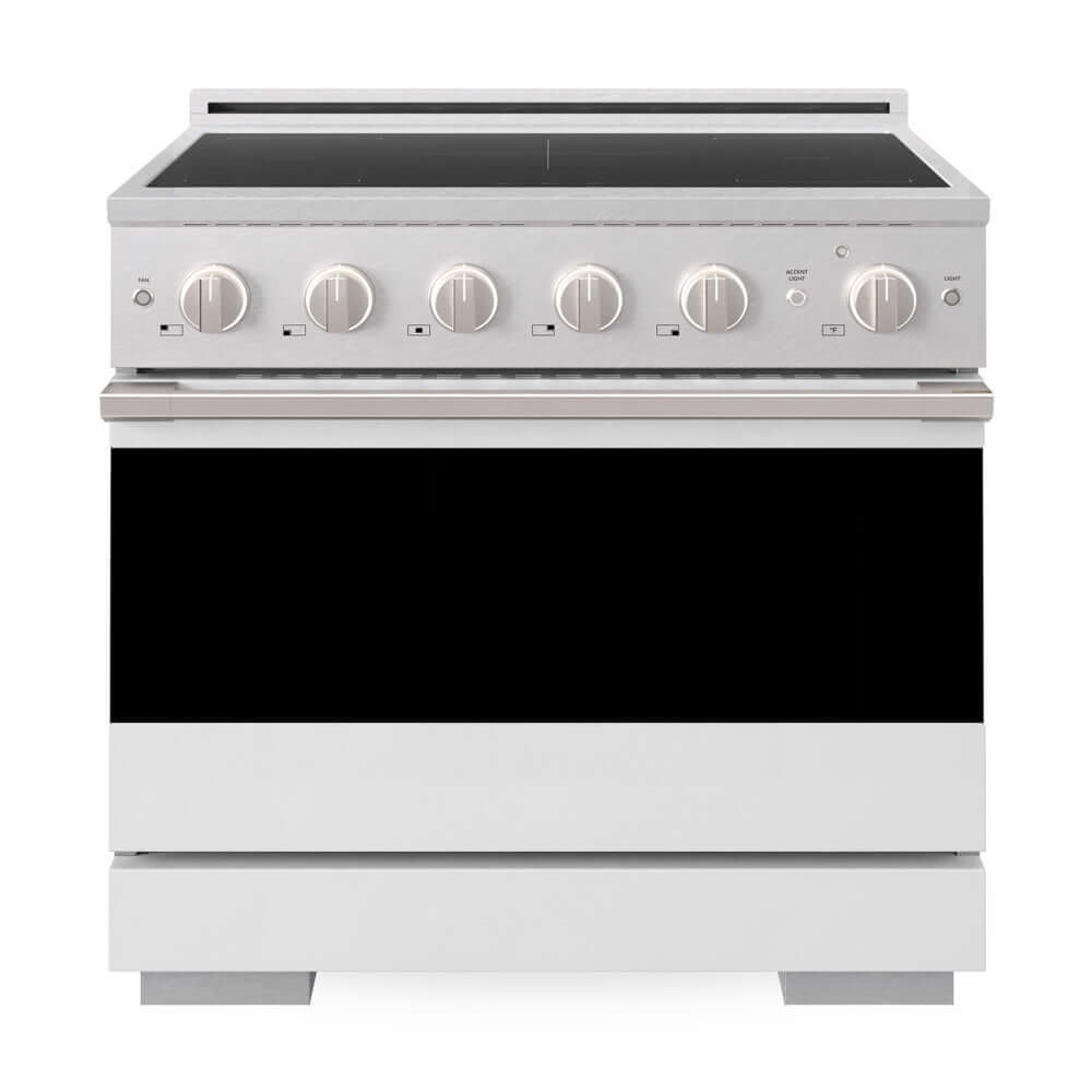 ZLINE 36 in. 5.2 cu. ft. Marino Induction Range with 5 Element Cooktop and Electric Convection Oven in Satin Stainless Steel with White Matte Door (MINRS-WM-36) front, oven closed.