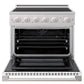 ZLINE 36 in. 5.2 cu. ft. Marino Induction Range with 5 Element Cooktop and Electric Convection Oven in Satin Stainless Steel with White Matte Door (MINRS-WM-36) front, oven open.