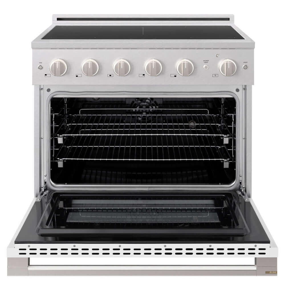 ZLINE 36 in. 5.2 cu. ft. Marino Induction Range with 5 Element Cooktop and Electric Convection Oven in Satin Stainless Steel with White Matte Door (MINRS-WM-36) front, oven open.