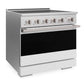 ZLINE 36 in. 5.2 cu. ft. Marino Induction Range with 5 Element Cooktop and Electric Convection Oven in Satin Stainless Steel with White Matte Door (MINRS-WM-36) side.