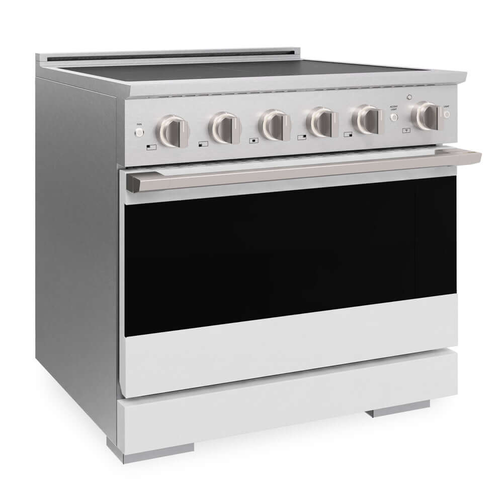 ZLINE 36 in. 5.2 cu. ft. Marino Induction Range with 5 Element Cooktop and Electric Convection Oven in Satin Stainless Steel with White Matte Door (MINRS-WM-36) side.