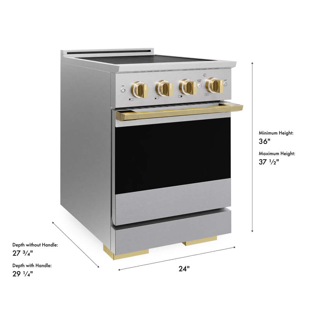 ZLINE Autograph Edition 24 in. 3.2 cu. ft. Marino Induction Range with 3 Element Cooktop and Electric Convection Oven in Satin Stainless Steel with Polished Gold Accents (MINRSZ-24-G) with dimensions labeled.