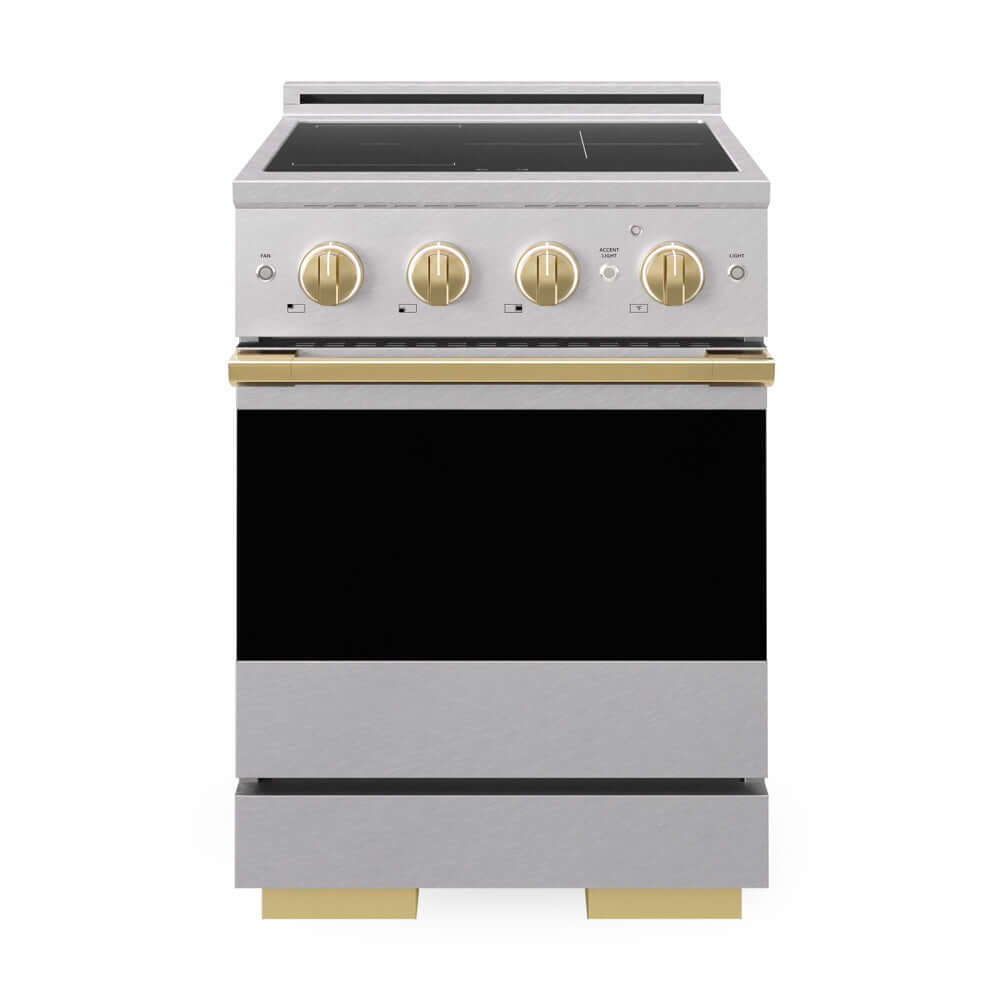 ZLINE Autograph Edition 24 in. 3.2 cu. ft. Marino Induction Range with 3 Element Cooktop and Electric Convection Oven in Satin Stainless Steel with Polished Gold Accents (MINRSZ-24-G) front, oven closed.