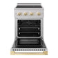 ZLINE Autograph Edition 24 in. 3.2 cu. ft. Marino Induction Range with 3 Element Cooktop and Electric Convection Oven in Satin Stainless Steel with Polished Gold Accents (MINRSZ-24-G) front, oven open.