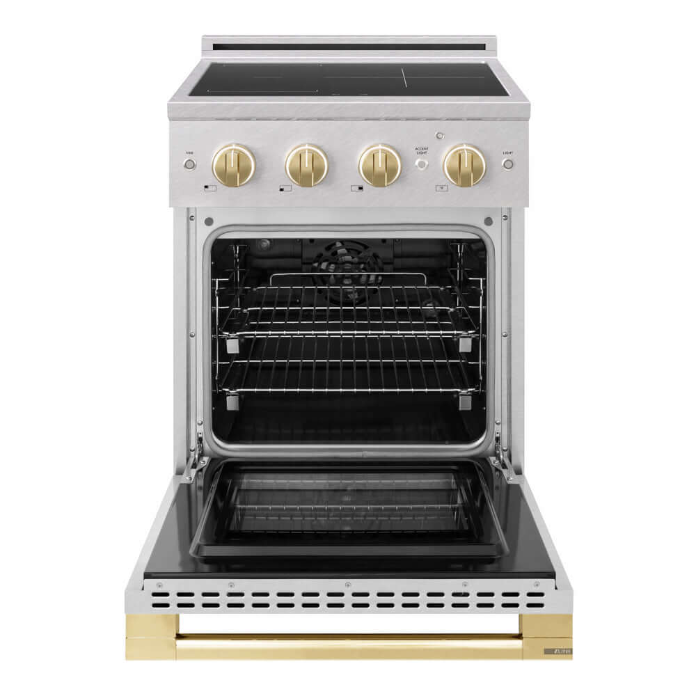 ZLINE Autograph Edition 24 in. 3.2 cu. ft. Marino Induction Range with 3 Element Cooktop and Electric Convection Oven in Satin Stainless Steel with Polished Gold Accents (MINRSZ-24-G) front, oven open.