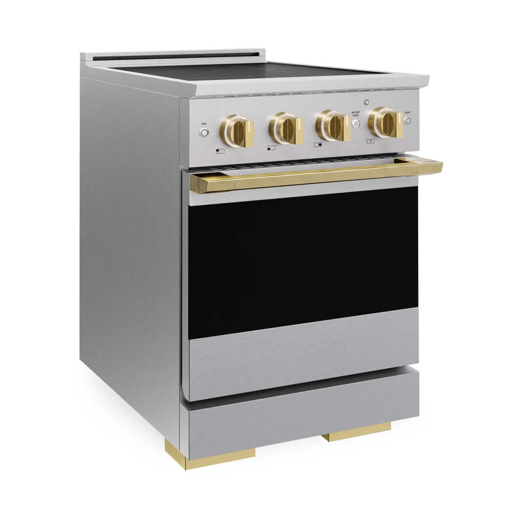 ZLINE Autograph Edition 24 in. 3.2 cu. ft. Marino Induction Range with 3 Element Cooktop and Electric Convection Oven in Satin Stainless Steel with Polished Gold Accents (MINRSZ-24-G) side.
