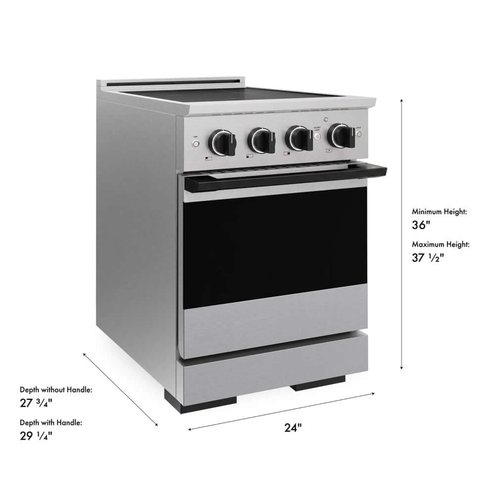 ZLINE Autograph Edition 24 in. 3.2 cu. ft. Marino Induction Range with 3 Element Cooktop and Electric Convection Oven in Satin Stainless Steel with Matte Black Accents (MINRSZ-24-MB) with dimensions labeled.