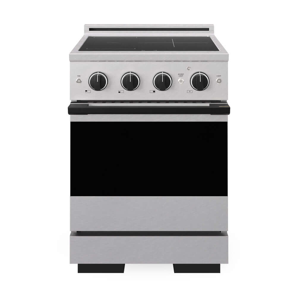 ZLINE Autograph Edition 24 in. 3.2 cu. ft. Marino Induction Range with 3 Element Cooktop and Electric Convection Oven in Satin Stainless Steel with Matte Black Accents (MINRSZ-24-MB) front, oven closed.
