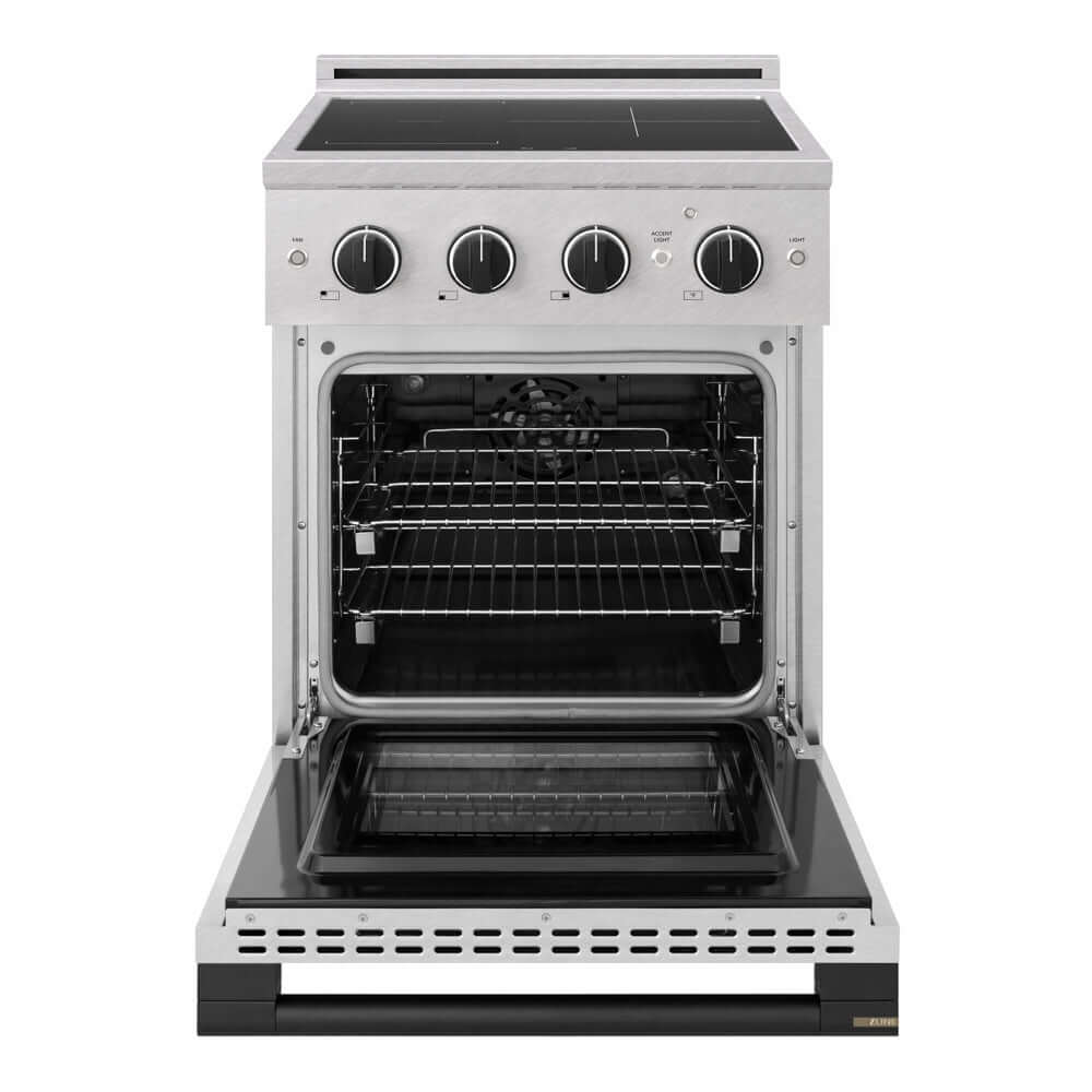 ZLINE Autograph Edition 24 in. 3.2 cu. ft. Marino Induction Range with 3 Element Cooktop and Electric Convection Oven in Satin Stainless Steel with Matte Black Accents (MINRSZ-24-MB) front, oven open.