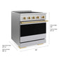ZLINE Autograph Edition 30 in. 4.2 cu. ft. Marino Induction Range with 4 Element Cooktop and Electric Convection Oven in Satin Stainless Steel with Polished Gold Accents (MINRSZ-30-G) with dimensions labeled.
