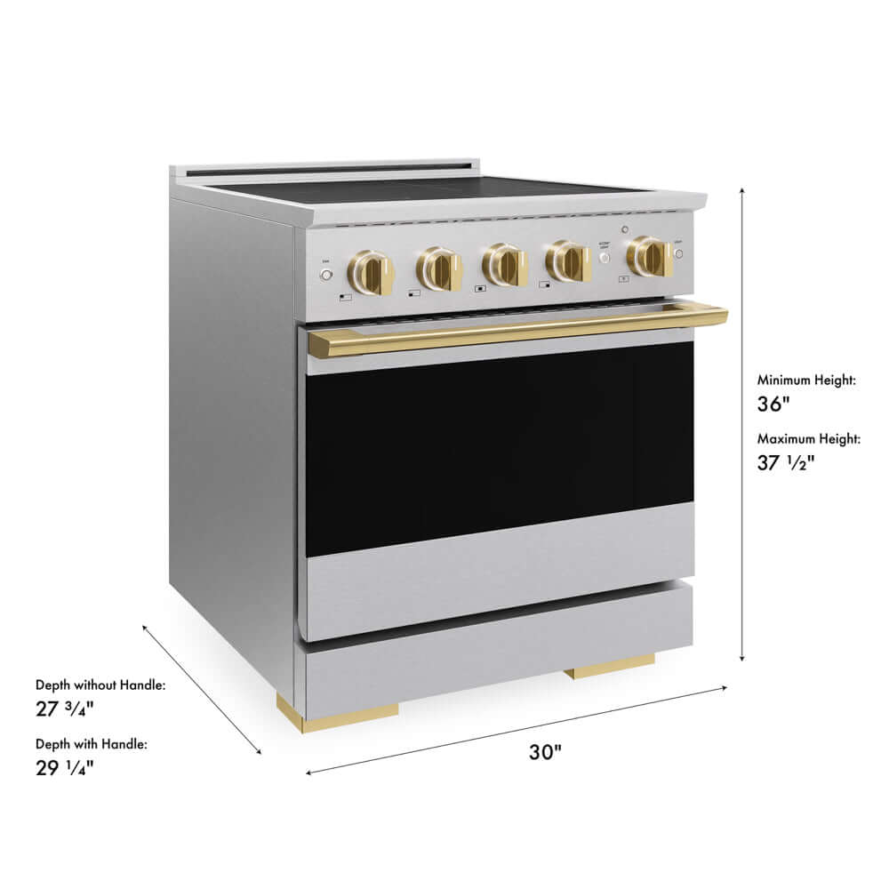 ZLINE Autograph Edition 30 in. 4.2 cu. ft. Marino Induction Range with 4 Element Cooktop and Electric Convection Oven in Satin Stainless Steel with Polished Gold Accents (MINRSZ-30-G) with dimensions labeled.