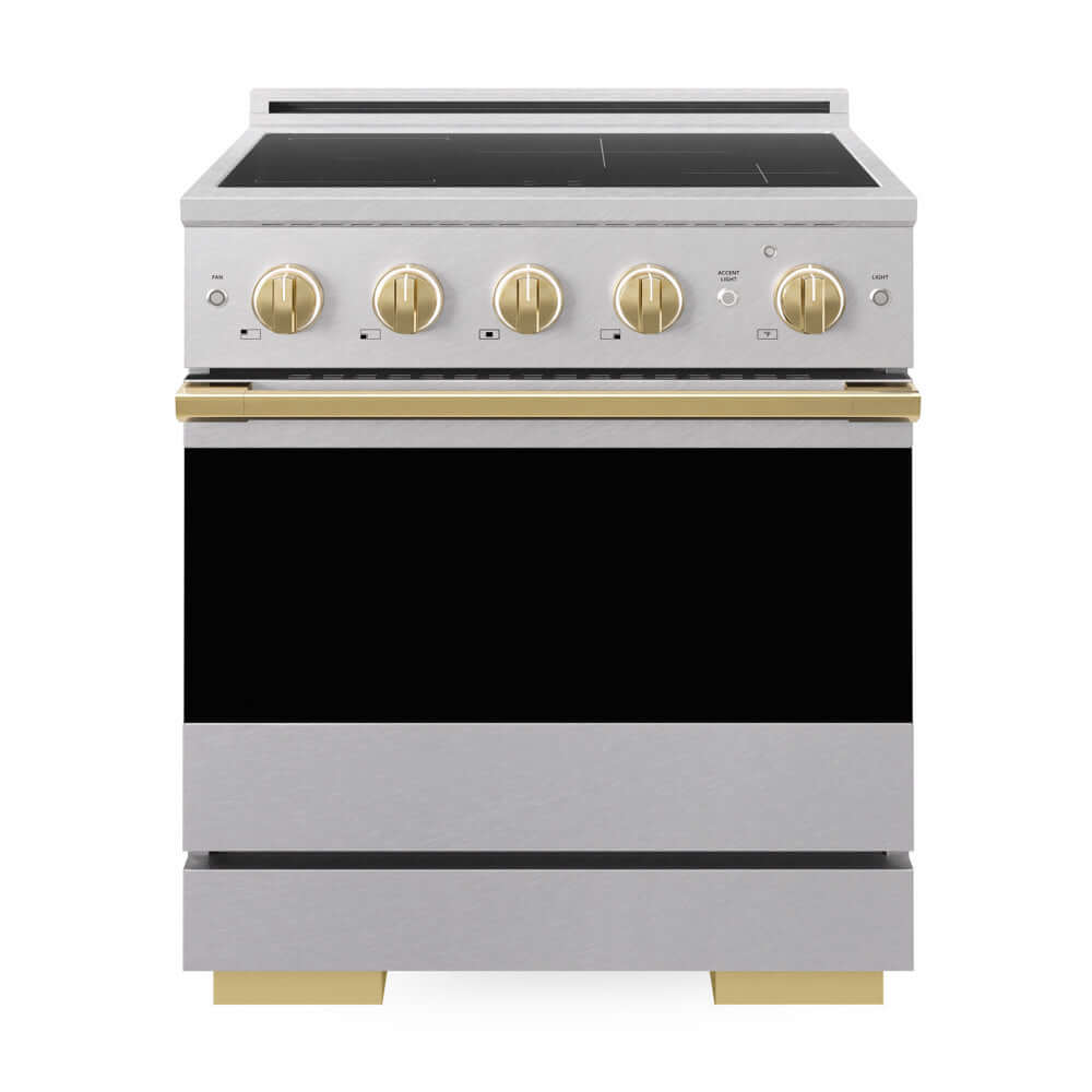 ZLINE Autograph Edition 30 in. 4.2 cu. ft. Marino Induction Range with 4 Element Cooktop and Electric Convection Oven in Satin Stainless Steel with Polished Gold Accents (MINRSZ-30-G) front, oven closed.