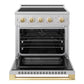 ZLINE Autograph Edition 30 in. 4.2 cu. ft. Marino Induction Range with 4 Element Cooktop and Electric Convection Oven in Satin Stainless Steel with Polished Gold Accents (MINRSZ-30-G) front, oven open.