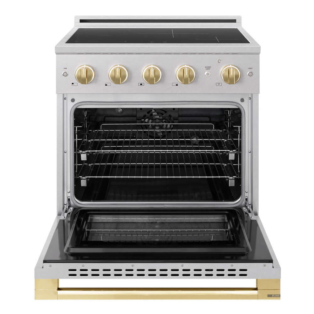 ZLINE Autograph Edition 30 in. 4.2 cu. ft. Marino Induction Range with 4 Element Cooktop and Electric Convection Oven in Satin Stainless Steel with Polished Gold Accents (MINRSZ-30-G) front, oven open.