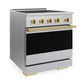 ZLINE Autograph Edition 30 in. 4.2 cu. ft. Marino Induction Range with 4 Element Cooktop and Electric Convection Oven in Satin Stainless Steel with Polished Gold Accents (MINRSZ-30-G) side.