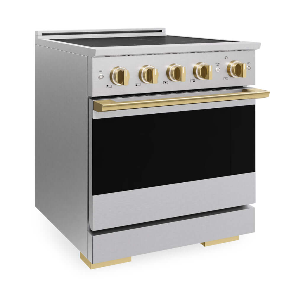 ZLINE Autograph Edition 30 in. 4.2 cu. ft. Marino Induction Range with 4 Element Cooktop and Electric Convection Oven in Satin Stainless Steel with Polished Gold Accents (MINRSZ-30-G) side.
