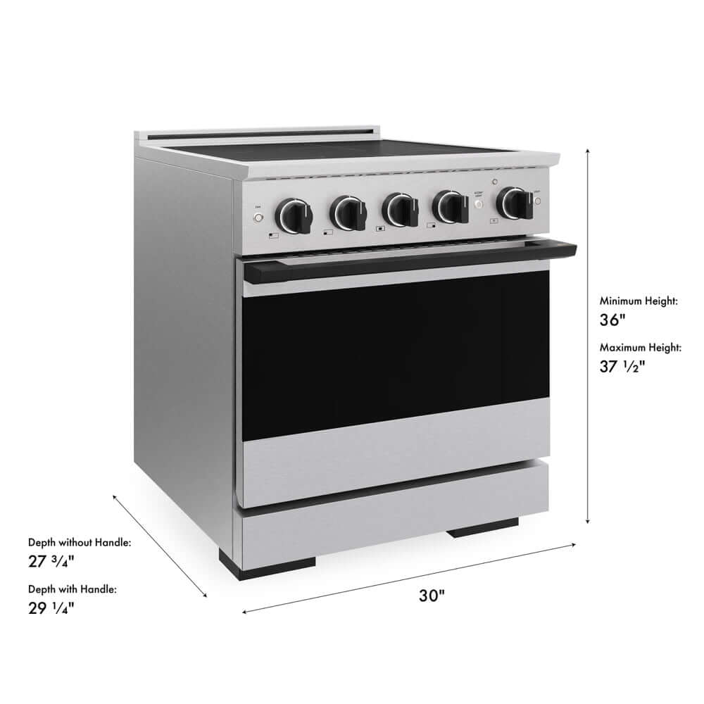 ZLINE Autograph Edition 30 in. 4.2 cu. ft. Marino Induction Range with 4 Element Cooktop and Electric Convection Oven in Satin Stainless Steel with Matte Black Accents (MINRSZ-30-MB) with dimensions labeled.