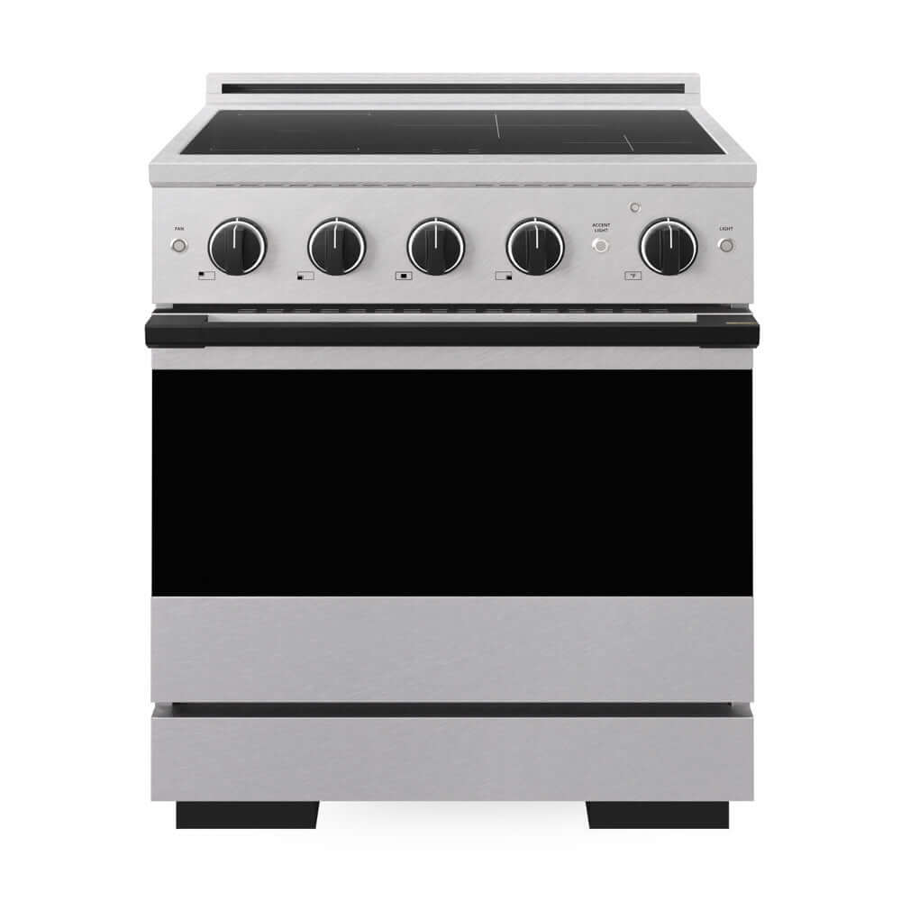 ZLINE Autograph Edition 30 in. 4.2 cu. ft. Marino Induction Range with 4 Element Cooktop and Electric Convection Oven in Satin Stainless Steel with Matte Black Accents (MINRSZ-30-MB) front, oven closed.