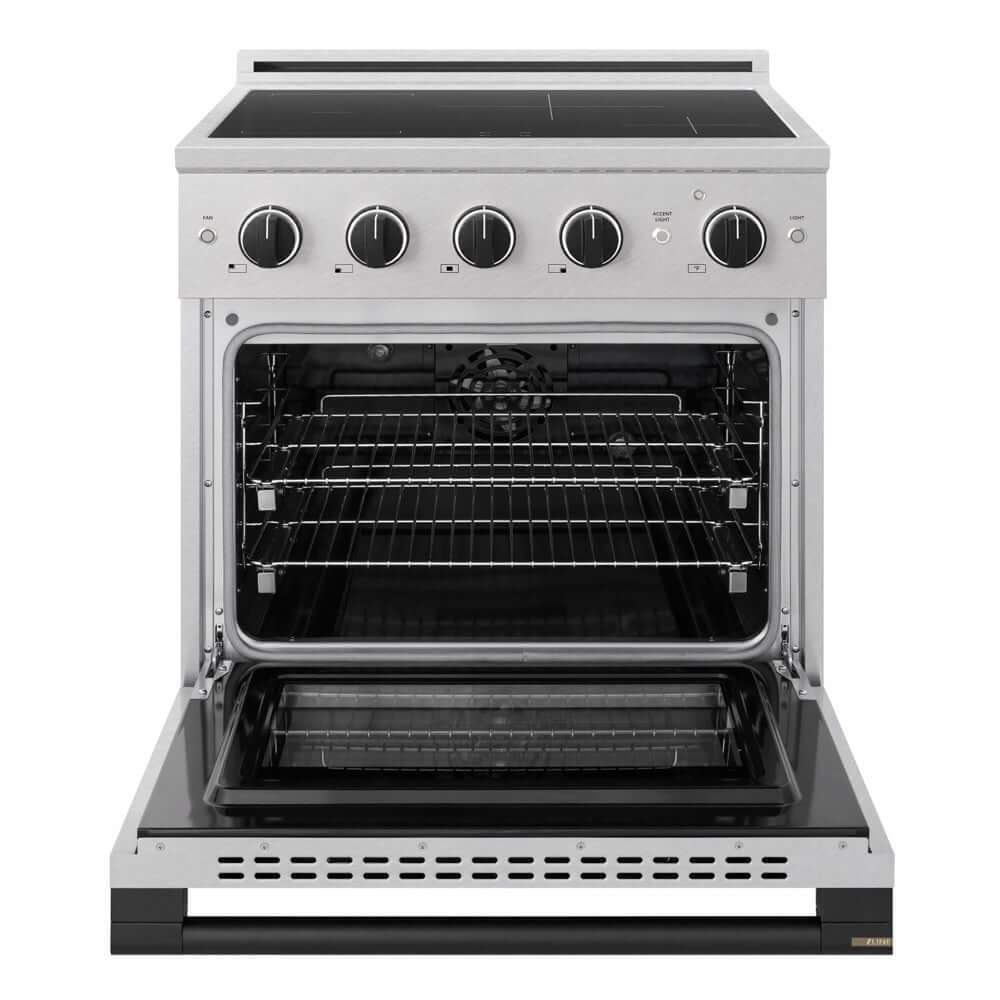 ZLINE Autograph Edition 30 in. 4.2 cu. ft. Marino Induction Range with 4 Element Cooktop and Electric Convection Oven in Satin Stainless Steel with Matte Black Accents (MINRSZ-30-MB) front, oven open.