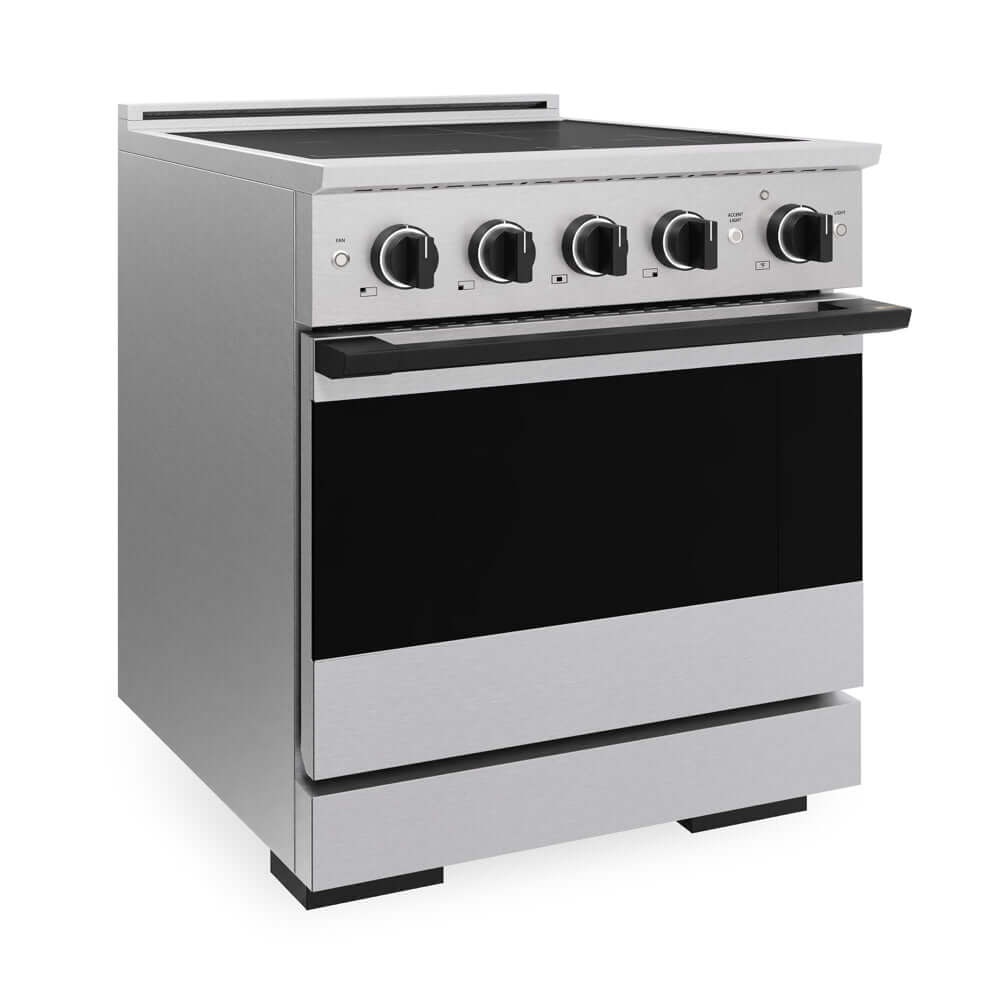 ZLINE Autograph Edition 30 in. 4.2 cu. ft. Marino Induction Range with 4 Element Cooktop and Electric Convection Oven in Satin Stainless Steel with Matte Black Accents (MINRSZ-30-MB) side.