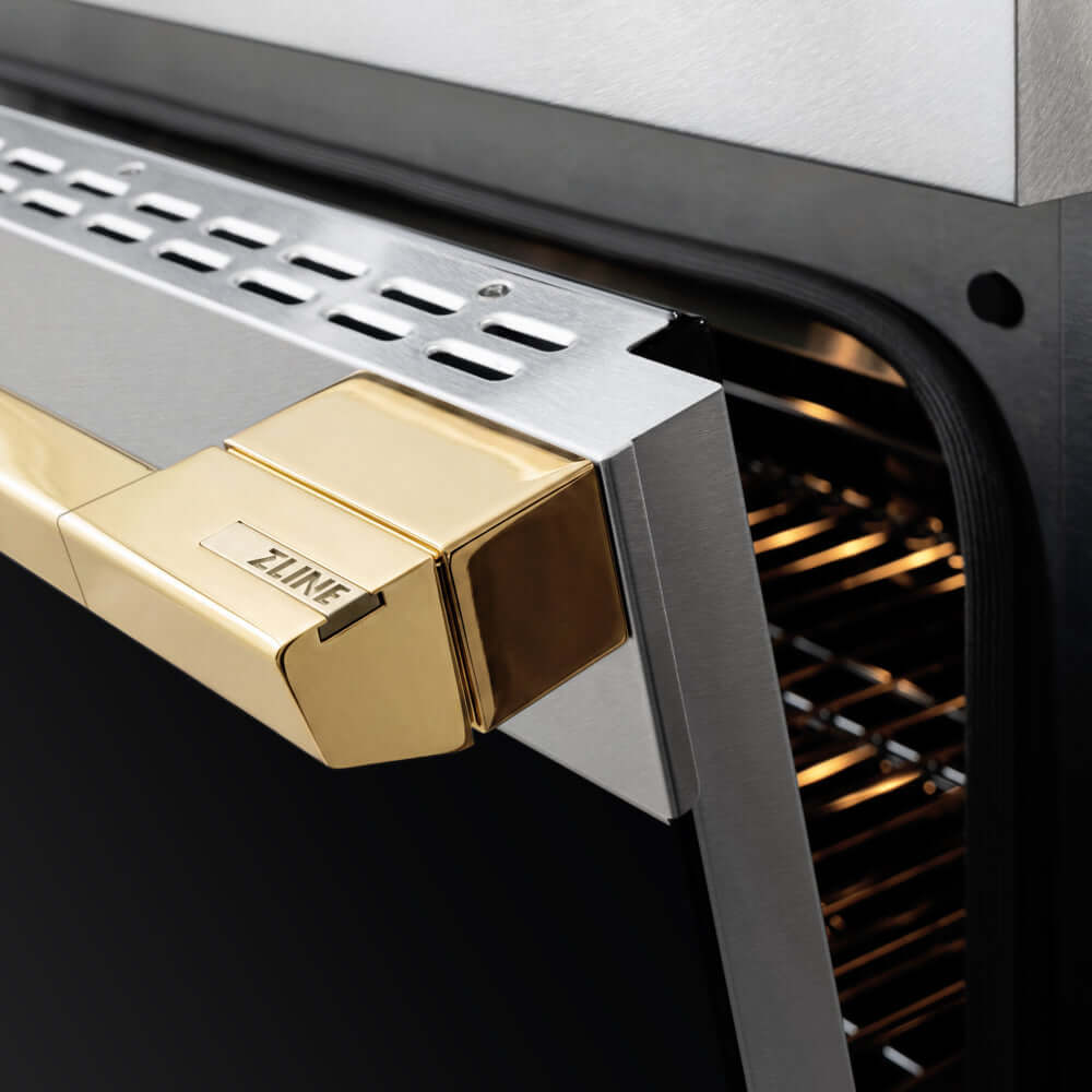 ZLINE Autograph Edition 36 in. 5.2 cu. ft. Marino Induction Range with 5 Element Cooktop and Electric Convection Oven in Satin Stainless Steel with Polished Gold Accents (MINRSZ-36-G) close-up, oven door handle.
