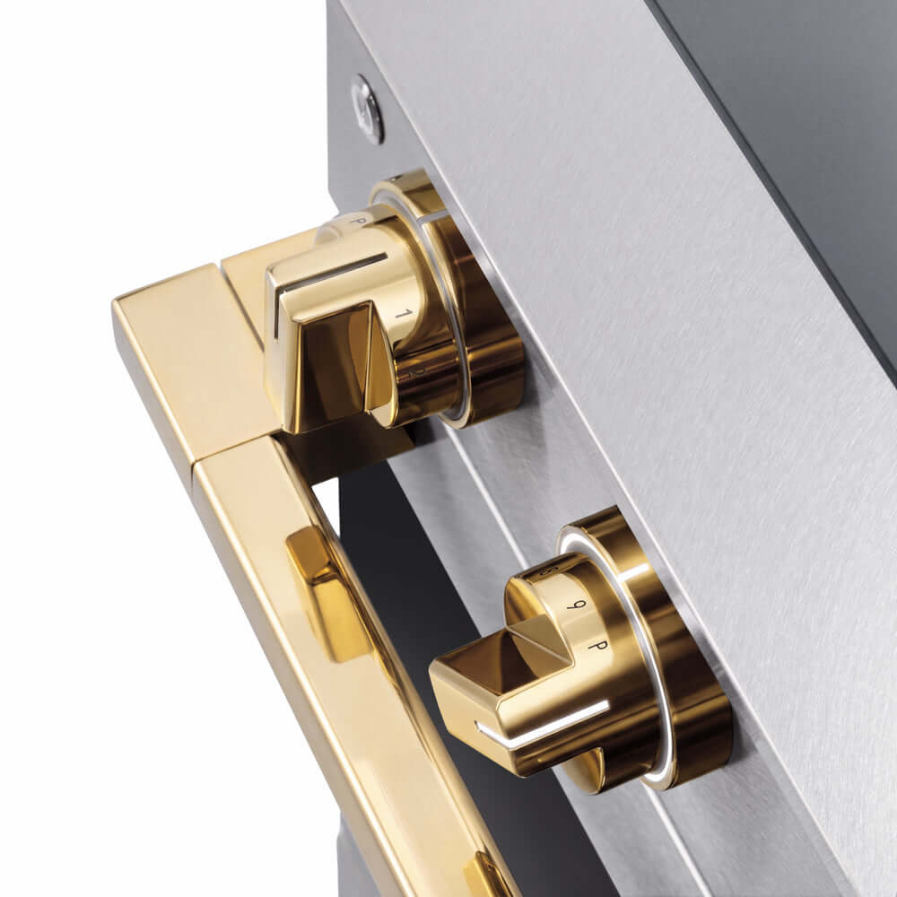 ZLINE Autograph Edition 36 in. 5.2 cu. ft. Marino Induction Range with 5 Element Cooktop and Electric Convection Oven in Satin Stainless Steel with Polished Gold Accents (MINRSZ-36-G) close-up, modern oven and cooktop knobs.