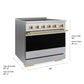 ZLINE Autograph Edition 36 in. 5.2 cu. ft. Marino Induction Range with 5 Element Cooktop and Electric Convection Oven in Satin Stainless Steel with Polished Gold Accents (MINRSZ-36-G) with dimensions labeled.