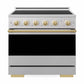 ZLINE Autograph Edition 36 in. 5.2 cu. ft. Marino Induction Range with 5 Element Cooktop and Electric Convection Oven in Satin Stainless Steel with Polished Gold Accents (MINRSZ-36-G) front, oven closed.