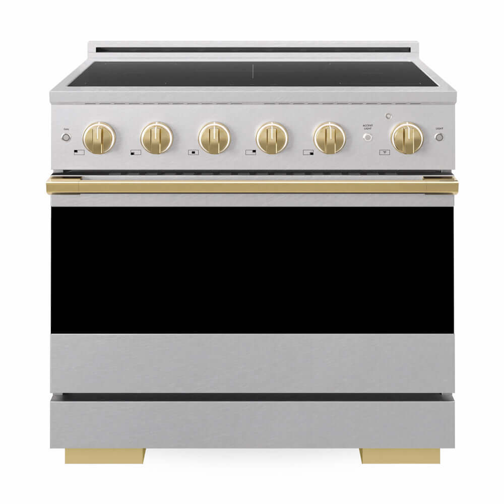 ZLINE Autograph Edition 36 in. 5.2 cu. ft. Marino Induction Range with 5 Element Cooktop and Electric Convection Oven in Satin Stainless Steel with Polished Gold Accents (MINRSZ-36-G) front, oven closed.