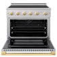 ZLINE Autograph Edition 36 in. 5.2 cu. ft. Marino Induction Range with 5 Element Cooktop and Electric Convection Oven in Satin Stainless Steel with Polished Gold Accents (MINRSZ-36-G) front, oven open.