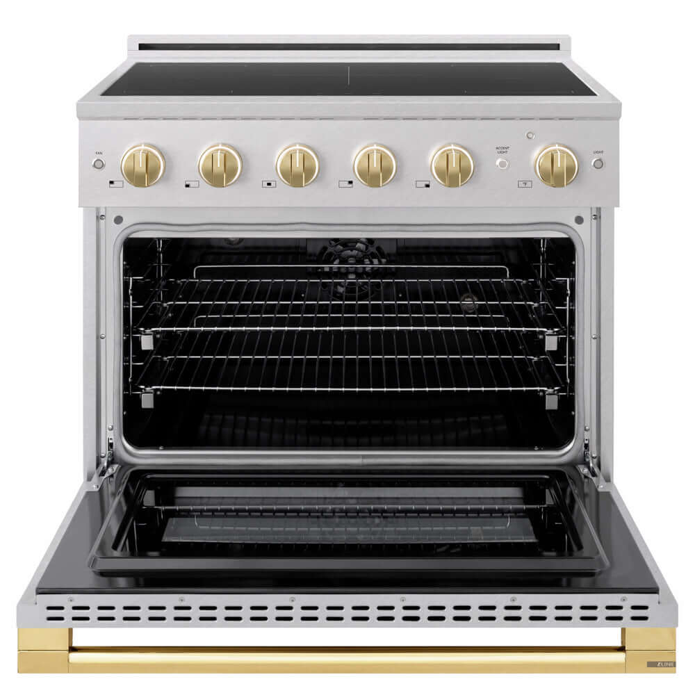 ZLINE Autograph Edition 36 in. 5.2 cu. ft. Marino Induction Range with 5 Element Cooktop and Electric Convection Oven in Satin Stainless Steel with Polished Gold Accents (MINRSZ-36-G) front, oven open.