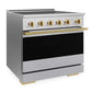 ZLINE Autograph Edition 36 in. 5.2 cu. ft. Marino Induction Range with 5 Element Cooktop and Electric Convection Oven in Satin Stainless Steel with Polished Gold Accents (MINRSZ-36-G) side.