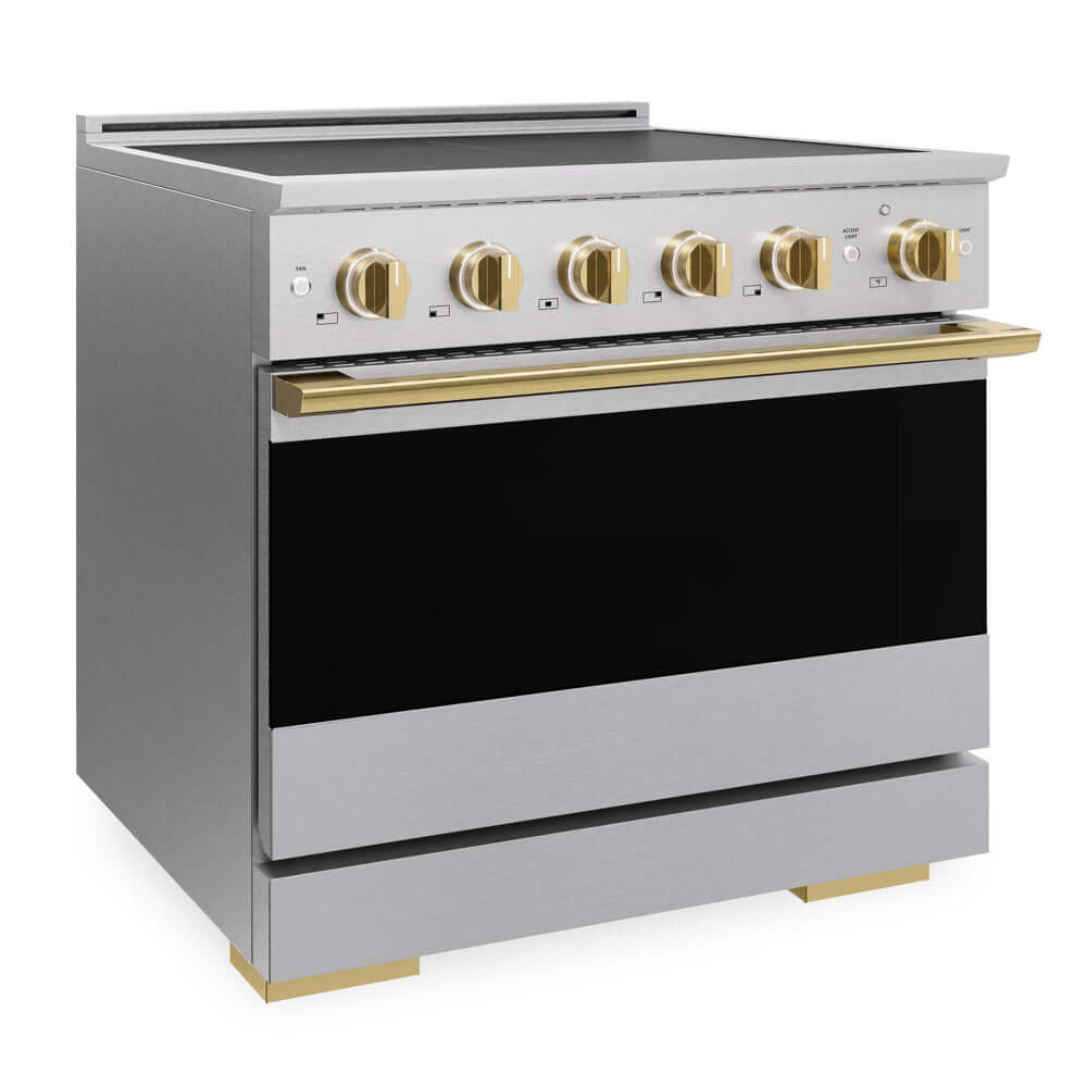 ZLINE Autograph Edition 36 in. 5.2 cu. ft. Marino Induction Range with 5 Element Cooktop and Electric Convection Oven in Satin Stainless Steel with Polished Gold Accents (MINRSZ-36-G) side.
