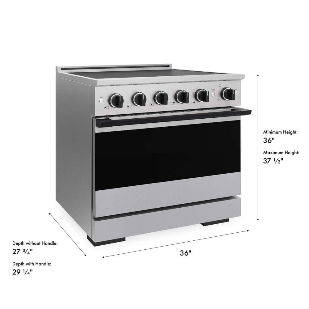 ZLINE Autograph Edition 36 in. 5.2 cu. ft. Marino Induction Range with 5 Element Cooktop and Electric Convection Oven in Satin Stainless Steel with Matte Black Accents (MINRSZ-36-MB) with dimensions labeled.