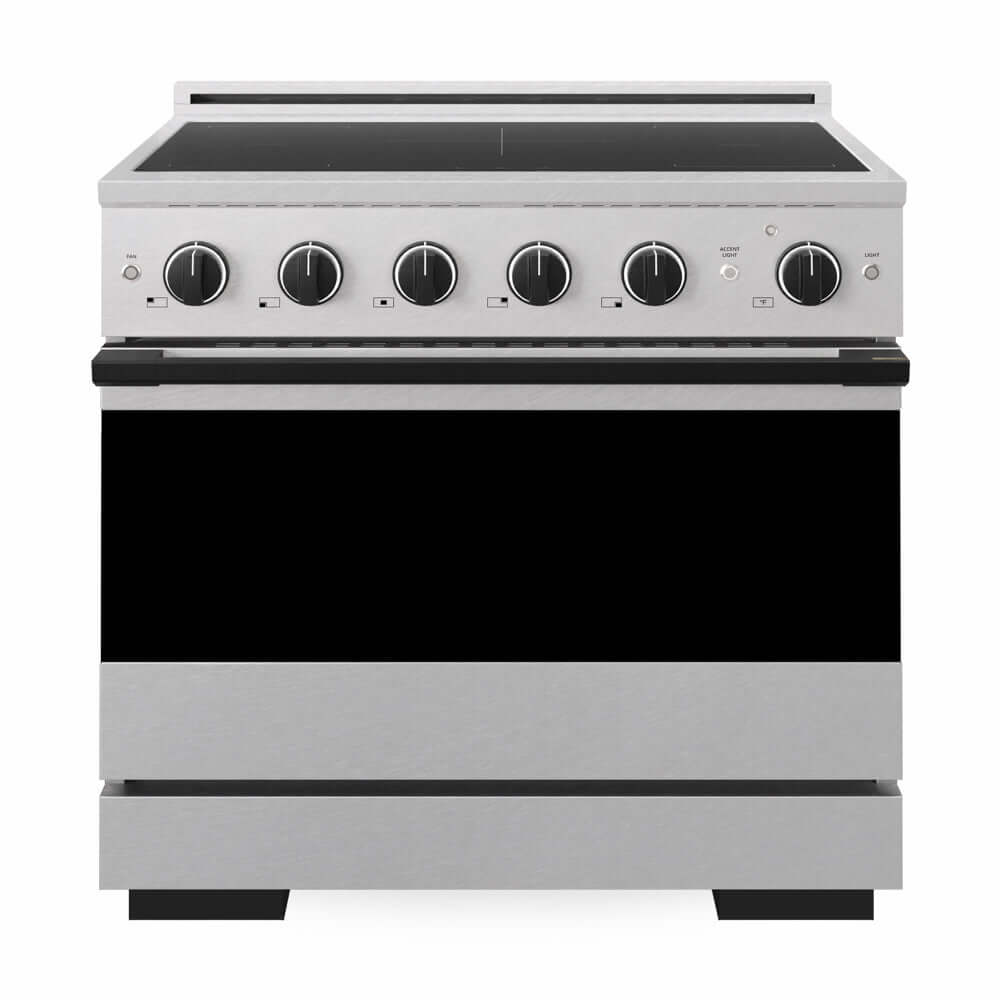 ZLINE Autograph Edition 36 in. 5.2 cu. ft. Marino Induction Range with 5 Element Cooktop and Electric Convection Oven in Satin Stainless Steel with Matte Black Accents (MINRSZ-36-MB) front, oven closed.