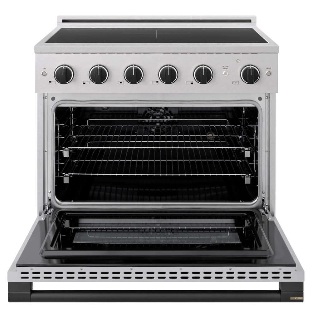 ZLINE Autograph Edition 36 in. 5.2 cu. ft. Marino Induction Range with 5 Element Cooktop and Electric Convection Oven in Satin Stainless Steel with Matte Black Accents (MINRSZ-36-MB) front, oven open.