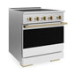 ZLINE Autograph Edition 30 in. 4.2 cu. ft. Marino Induction Range with 4 Element Cooktop and Electric Convection Oven in Satin Stainless Steel with White Matte Door and Champagne Bronze Accents (MINRSZ-WM-30-CB)