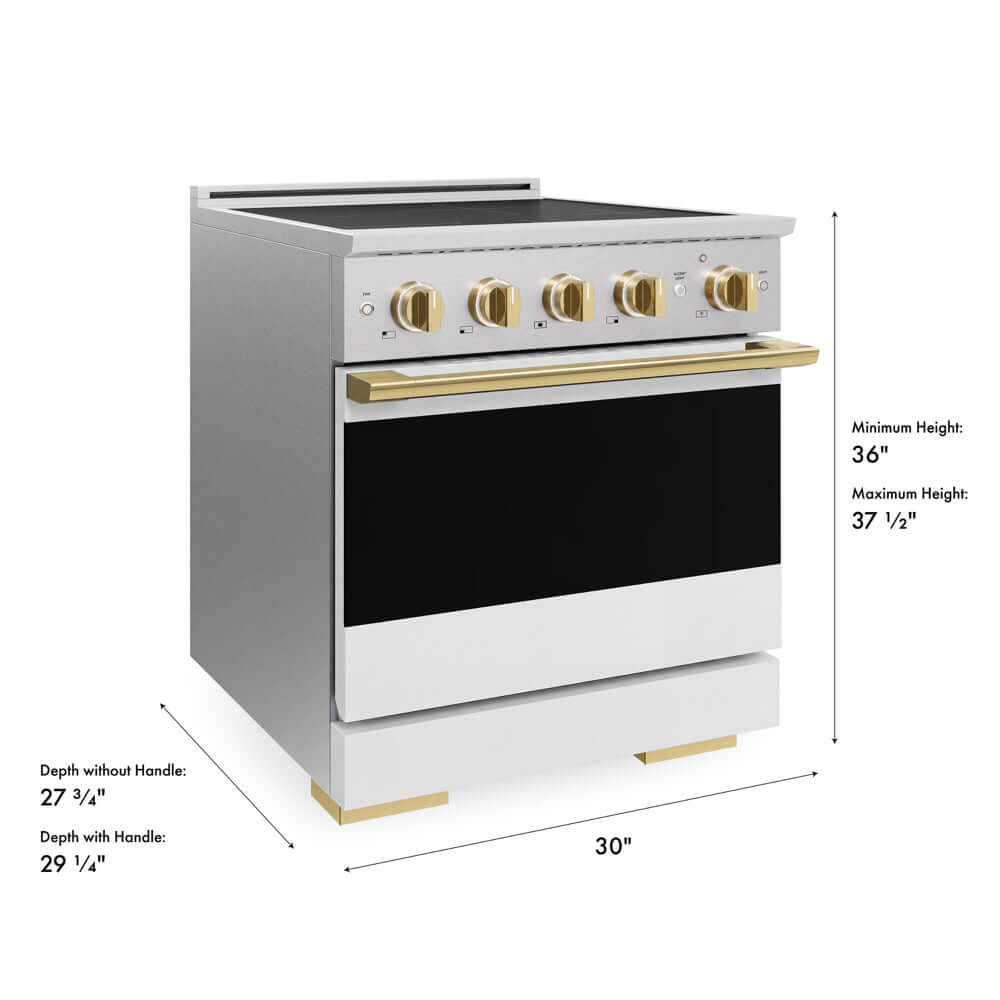 ZLINE Autograph Edition 30 in. 4.2 cu. ft. Marino Induction Range with 4 Element Cooktop and Electric Convection Oven in Satin Stainless Steel with White Matte Door and Polished Gold Accents (MINRSZ-WM-30-G) with dimensions labeled.