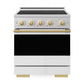 ZLINE Autograph Edition 30 in. 4.2 cu. ft. Marino Induction Range with 4 Element Cooktop and Electric Convection Oven in Satin Stainless Steel with White Matte Door and Polished Gold Accents (MINRSZ-WM-30-G) front, oven closed.