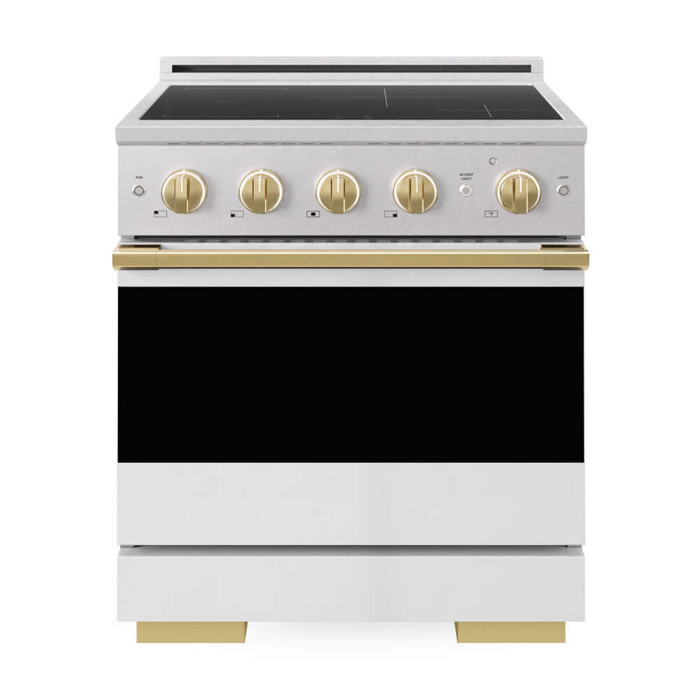 ZLINE Autograph Edition 30 in. 4.2 cu. ft. Marino Induction Range with 4 Element Cooktop and Electric Convection Oven in Satin Stainless Steel with White Matte Door and Polished Gold Accents (MINRSZ-WM-30-G) front, oven closed.