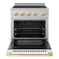 ZLINE Autograph Edition 30 in. 4.2 cu. ft. Marino Induction Range with 4 Element Cooktop and Electric Convection Oven in Satin Stainless Steel with White Matte Door and Polished Gold Accents (MINRSZ-WM-30-G) front, oven open.