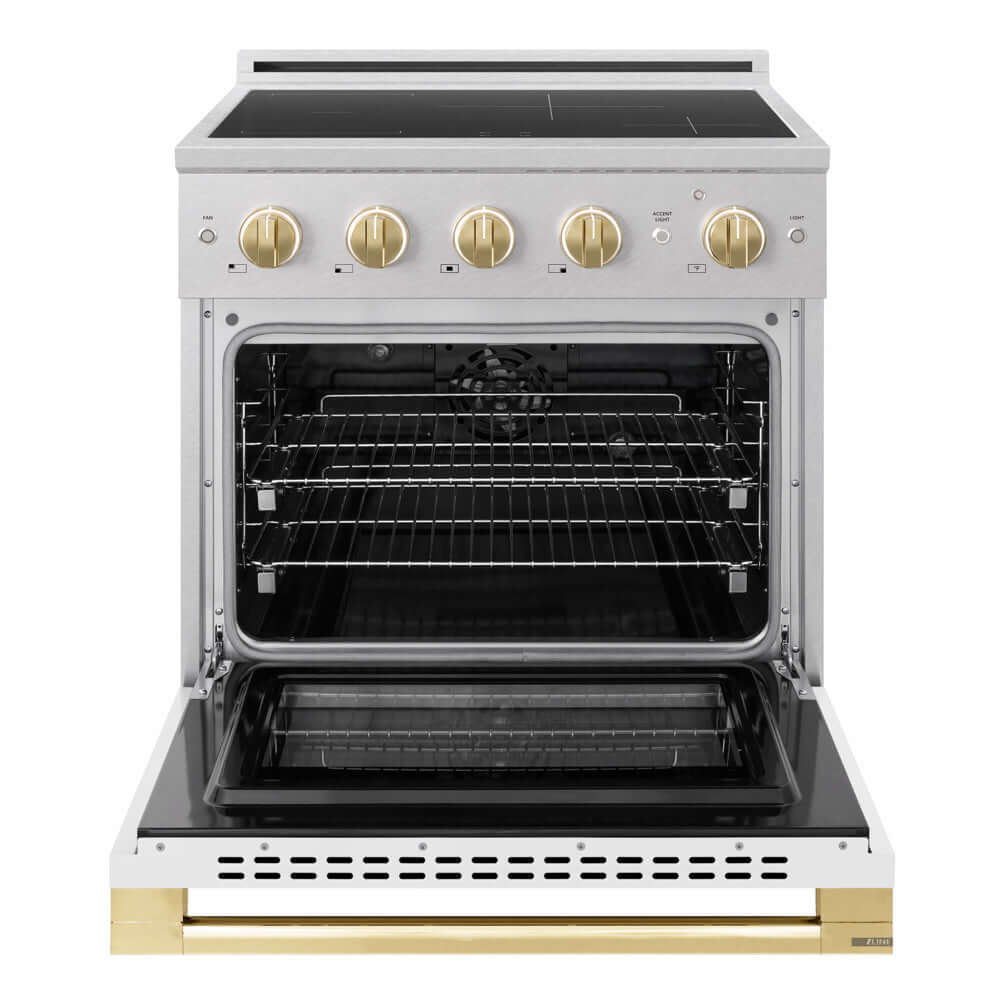 ZLINE Autograph Edition 30 in. 4.2 cu. ft. Marino Induction Range with 4 Element Cooktop and Electric Convection Oven in Satin Stainless Steel with White Matte Door and Polished Gold Accents (MINRSZ-WM-30-G) front, oven open.