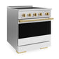 ZLINE Autograph Edition 30 in. 4.2 cu. ft. Marino Induction Range with 4 Element Cooktop and Electric Convection Oven in Satin Stainless Steel with White Matte Door and Polished Gold Accents (MINRSZ-WM-30-G) side.
