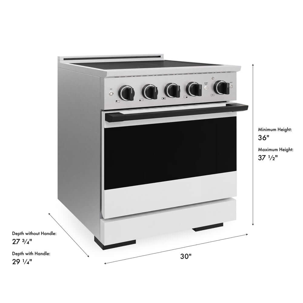 ZLINE Autograph Edition 30 in. 4.2 cu. ft. Marino Induction Range with 4 Element Cooktop and Electric Convection Oven in Satin Stainless Steel with White Matte Door and Matte Black Accents (MINRSZ-WM-30-MB) with dimensions labeled.